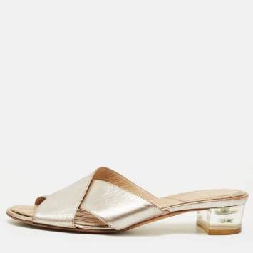Pre Owned Chanel Size 36.5 Silver Leather Criss Cross Flat Slides