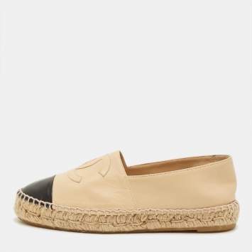 Pre Owned Chanel CC Size 37 Beige/Black Leather Espadrille Flats
