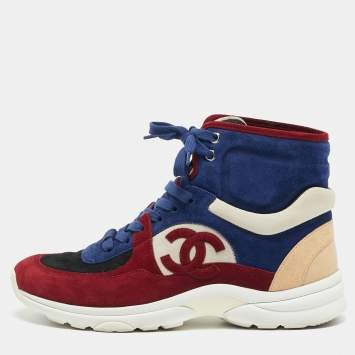 Pre Owned Chanel CC Size 38.5 Multicolor Suede High Top Sneakers