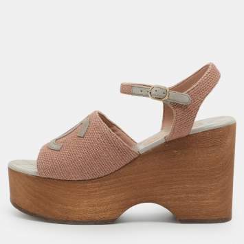 Pre Owned Chanel CC Size 38 Pink Canvas and Suede Clogs Sandals