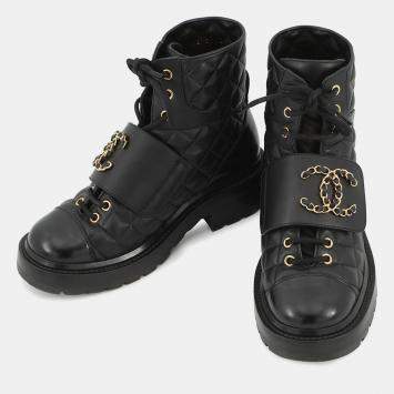 Pre Owned Chanel Cc Logo Short Boots Black Leather Size 35