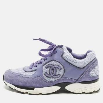 Pre Owned Chanel CC Size 38 Lilac Tweed and Leather Low Top Sneakers