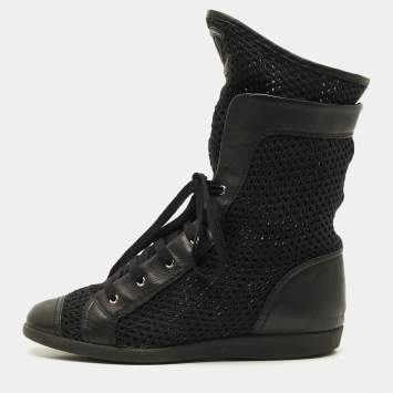 مملوكة مسبقًا Chanel CC Size 38 Black Knit Fabric Leather Cap Toe Boxing Mid Top Sneakers