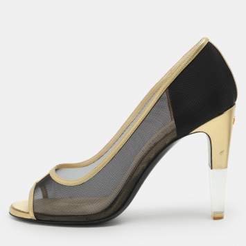 Pre Owned Chanel CC Size 37.5 Black/Gold Leather and Mesh Peep Toe Pumps