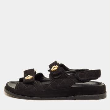 Pre Owned Chanel Dad Size 40 Black Suede Interlocking CC Slingback Sandals