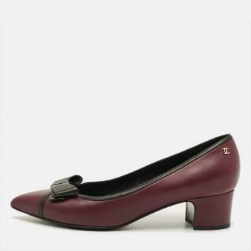 Pre Owned Chanel CC Size 40 Burgundy/Black Leather Bow Block Heel Pumps
