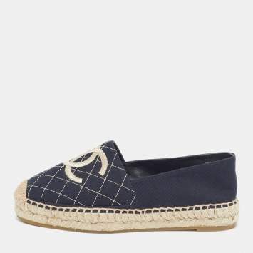 Pre Owned Chanel CC Size 36 Navy Blue Canvas Espadrille Flats
