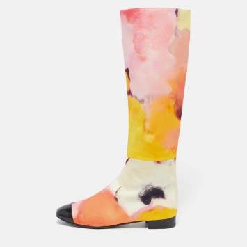 Pre Owned Chanel Size 37.5 Multicolor Patent Leather And Satin Rain Boots