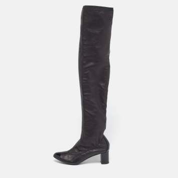 Pre Owned Chanel CC Cap Toe  Size 39 Metallic/Black  Leather and Patent  Knee Length Boots