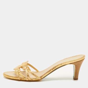 Pre Owned Chanel Size 42 Gold Snakeskin Leather Strappy Slide Sandals