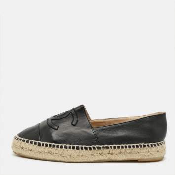 مملوكة مسبقًا Chanel CC Cap Toe Size 38 Black Leather Espadrille Flats