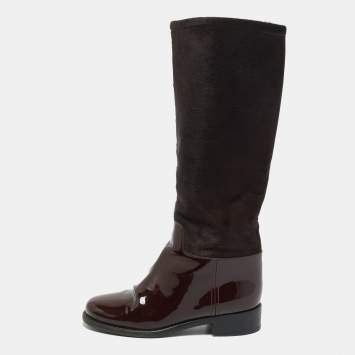 Pre Owned Chanel CC Size 36 Burgundy Calf Hair And Patent Leather Mid Calf Boots