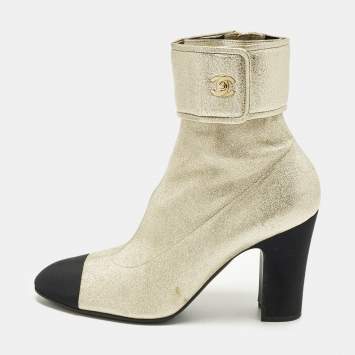 Pre Owned Chanel CC Size 41 Gold/Black Canvas and Leather Ankle Length Boots