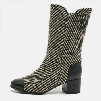 مملوكة مسبقًا Chanel CC Size 39 Grey/Black Tweed and Leather Mid Calf Boots