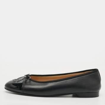 مملوكة مسبقًا حذاء فلات باليه شانيل فيونكة سيات سي تو كاب جلد أسود مقاس 39