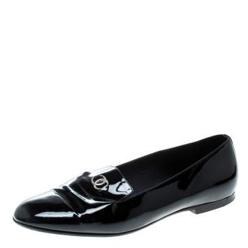 Pre Owned Chanel Black Patent Leather CC Smoking Slippers Size 38 