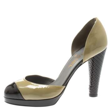 Pre Owned Chanel Olive Green And Black Patent Leather Cap Toe D'orsay Pumps Size 40