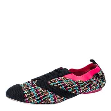 Pre Owned Chanel Multicolor CC Tweed Scrunch Slip On Loafers Size 38
