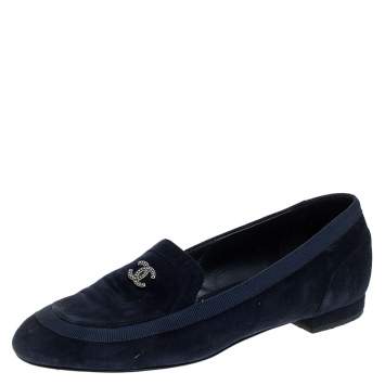 Pre Owned Chanel Blue Suede CC Slip On Loafers Size 36