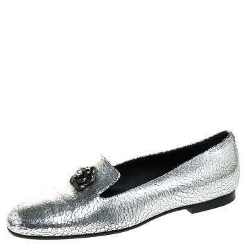 Pre Owned Chanel Metallic Textured Leather Camellia Loafers Size 40