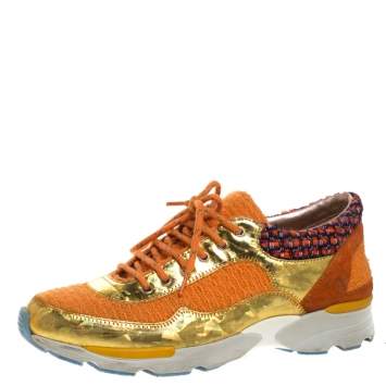Pre Owned Chanel Multicolor Tweed, Suede and Metallic Leather Lace Up Sneakers Size 37