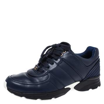 Pre Owned Chanel Blue Leather And Satin Trim CC Low Top Sneaker Size 38