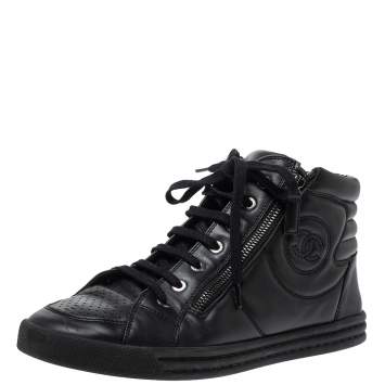 Pre Owned Chanel Black Leather Double Zip CC High Top Sneakers Size 40