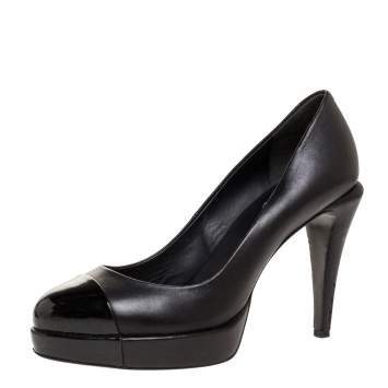 Pre Owned Chanel Black Leather CC Cap Toe Platform Pumps Size 38