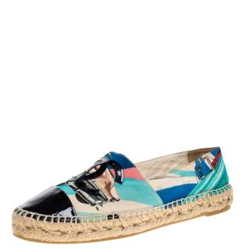 Pre Owned Chanel Multicolor Car Printed Fabric And Patent Leather CC Cap Toe Espadrilles Size 41 