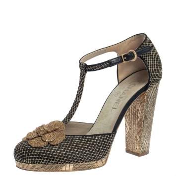 Pre Owned Chanel Black Satin T-Strap CC Camellia Block Heel Pumps Size 41