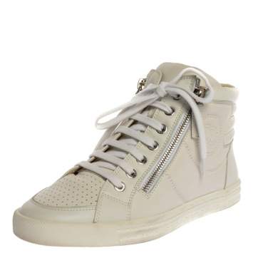 Pre Owned Chanel White Leather CC High Top Sneakers Size 36