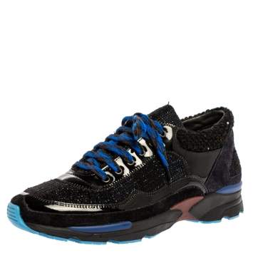 مملوكة مسبقًا Chanel Black Tweed and Leather Lace Up Sneakers Size 38.5