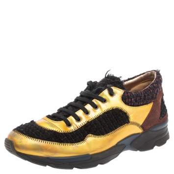 Pre Owned Chanel Multicolor Tweed, Suede and Metallic Leather Lace Up Sneakers Size 38