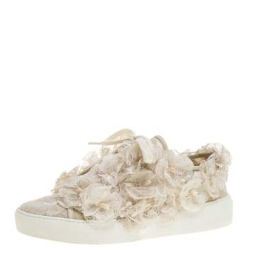 Pre Owned Chanel Cream CC Camellia Lace Low Top Sneakers Size 36