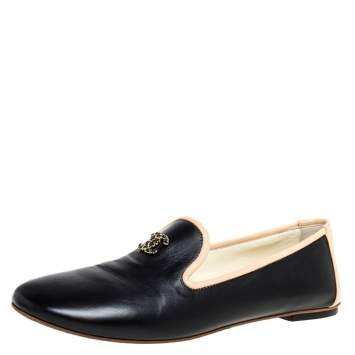 Pre Owned Chanel Black Leather CC Smoking Slippers Size 37.5