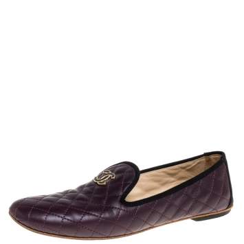 Pre Owned Chanel Burgundy Quilted Leather CC Smoking Slippers Size 38.5