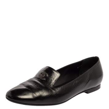Pre Owned Chanel Black Leather CC Slip On Loafers Size 39.5