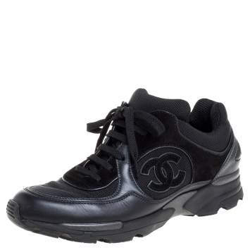 Pre Owned Chanel Black Leather, Suede And Mesh CC Lace Up Sneakers Size 37