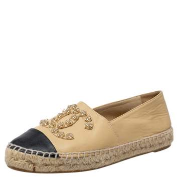 Pre Owned Chanel Beige/Black Leather Embellished Interlocking CC Logo Espadrilles Sneakers Size 37
