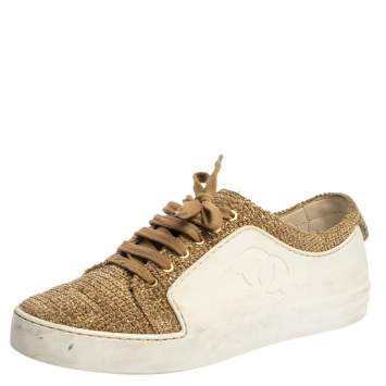 Pre Owned Chanel White/Gold Rubber And Tweed Fantasy Sneakers Size 39.5