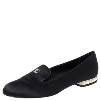 Pre Owned Chanel Navy Blue Satin Crystal Embellished CC Smoking Slippers Size 40.5