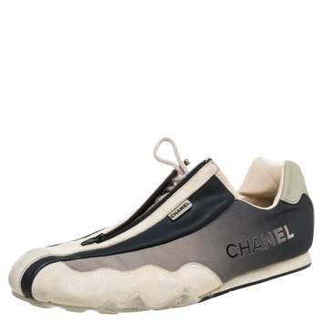 Pre Owned Chanel Black/Beige Leather And Fabric Zipper/Lace Sneakers Size 40