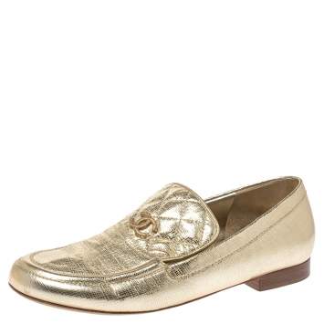 Pre Owned Chanel Metallic Gold Textured Leather CC Loafers Size 38