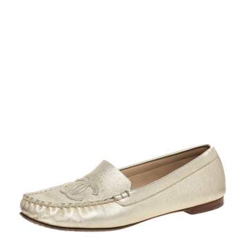Pre Owned Chanel Shimmery Gold Leather CC Loafers Size 38