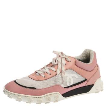 Pre Owned Chanel Pink/White Mesh And Leather CC Low Top Sneakers Size 40.5
