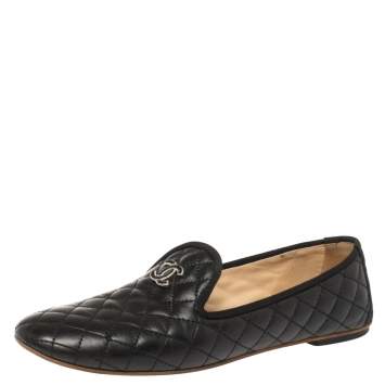 Pre Owned Chanel Black Quilted Leather CC Smoking Slippers Size 39