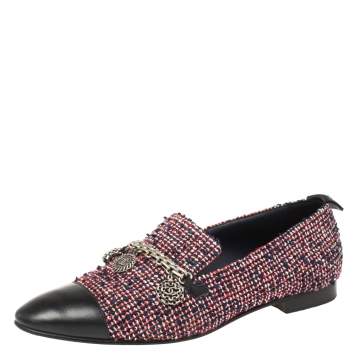 Pre Owned Chanel Multicolor Tweed And Leather Chain Charms Cap Toe Smoking Slippers Size 38.5