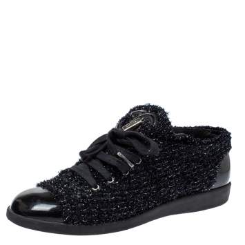 Pre Owned Chanel Black/Navy Blue Shimmery Tweed and Patent Leather Cap Toe Sneakers Size 38