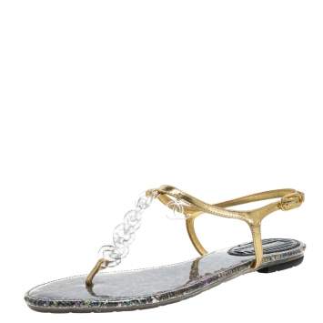 Pre Owned Chanel Gold Leather Plastic Chain Detail Ankle Strap Thong Flat Sandals Size 41