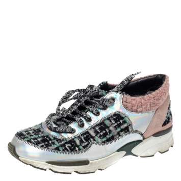 Pre Owned Chanel Black/Pink Tweed and Metallic Leather Lace Up Sneakers Size 37